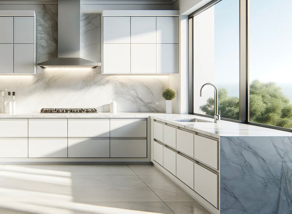 White kitchen with marble benchtop by Renova Plus